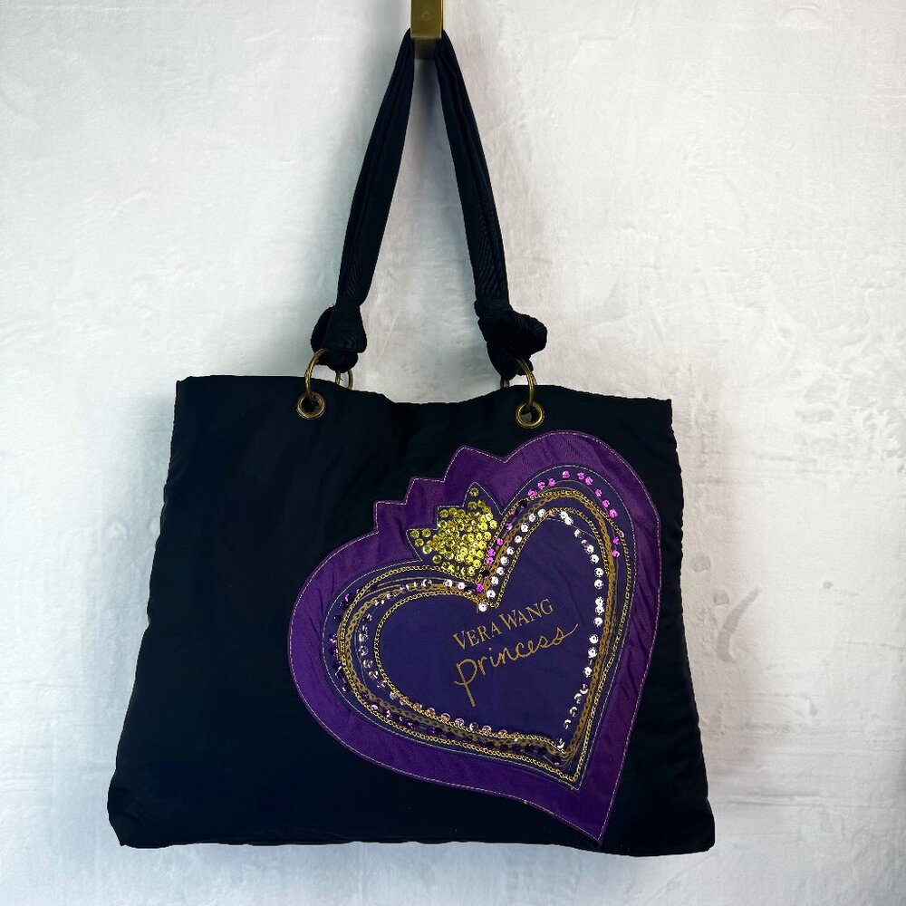 Vera Wang Princess Black Purple Sequin Heart Handbag Shoulder Tote Bag Hobo READ